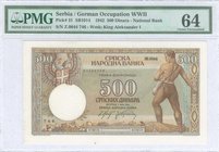 SERBIA: 500 Dinara (1.5.1942) in brown and multicolor with Arms at upper left and farmer seeding at right. WMK: King Aleksander I. Inside plastic fold...