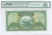TURKEY: 1 Livre (L.1341 - ND 1926) in green with farmer with two oxen at center. Printed TDLR. WMK: Kemal Ataturk. Inside plastic folder by PMG "Choic...