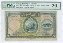 TURKEY: 5 Livres (AH 1341 - ND 1926) in blue with bounding wolf at center and buildings at right. Arabic legend and "Law #701 of 30 KANUNUEVVEL (AH) 1...