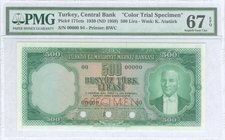 TURKEY: Color trail specimen of 500 Lira (ND 1959) with portrait of President Kemal Ataturk at right. WMK: Kemal Ataturk. Printed by BWC. Inside plast...