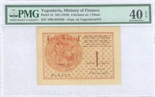 YUGOSLAVIA: 4 Kronen on 1 Dinar (ND 1919) in orange-brown on light tan unpt with helmeted man at left. Inside plastic folder by PMG "Extremely Fine 40...