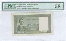 YUGOSLAVIA: 10 Dinara (22.9.1939) in green with King Peter II at left. WMK: Older man in uniform. Inside plastic folder by PMG "Choice About Unc 58 - ...