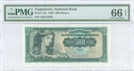YUGOSLAVIA: 500 Dinara (1.5.1963) in dark green on multicolor unpt with farm woman with sickle at left. Inside plastic folder by PMG "Gem Uncirculated...