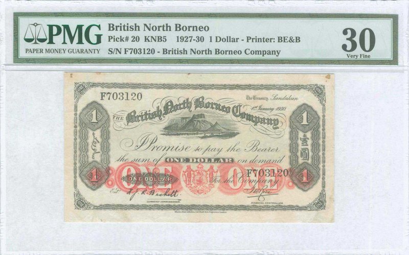 BRITISH NORTH BORNEO: 1 Dollar (1.1.1930) in black on dark green unpt with mount...