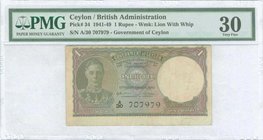 CEYLON: 1 Rupee (19.9.1942) in olive, lilac and blue with portrait of King George VI at left. WMK: Chinze. Printed by Indian. Inside plastic folder by...