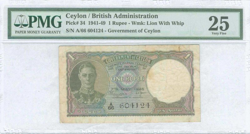 CEYLON: 1 Rupee (7.5.1946) in olive, lilac and blue with portrait of King George...