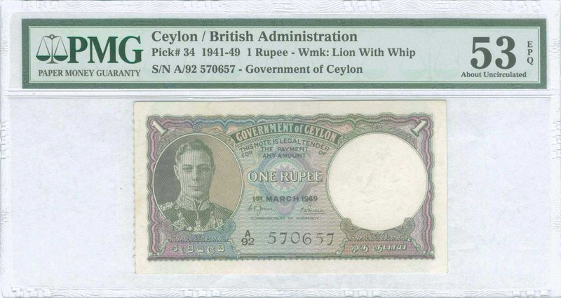 CEYLON: 1 Rupee (1.3.1949) in olive, lilac and blue with portrait of King George...