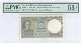 CEYLON: 1 Rupee (1.3.1949) in olive, lilac and blue with portrait of King George VI at left. WMK: Chinze. Printed by Indian. Inside plastic folder by ...