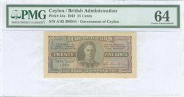 CEYLON: 25 Cents (14.7.1942) in brown and multicolor with portrait of King George VI at center. Printed by Indian. Inside plastic folder by PMG "Choic...