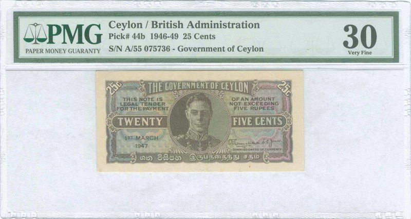 CEYLON: 25 Cents (1.3.1947) in brown and multicolor with portrait of King George...