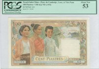 FRENCH INDO-CHINA: 100 Piastres (ND 1954) in multicolor with three women at left representing Cambodia, Laos and Vietnam. WMK: Elephant head. Inside p...