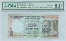 INDIA: 100 Rupees (2015) in black, purple and dark olive-green on plae blue-green and multicolor unpt with Mahatma Gandhi at right. Solid #9s in seria...