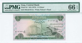 Iraq: 1/4 Dinar (ND 1973) in Green and black on multicolor underprint. Harbor at center. S/N: "505158". WTM: Falcons Head. Inside plastic folder by PM...