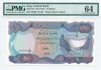 Iraq: 10 Dinars (ND 1973) in purple and red-brown on blue and multicolor underprint with Dockdan dam at right. WMK: Falcons Head. Printed by TDLR. Ins...
