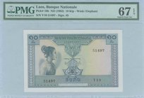 LAOS: 10 Kip (ND 1962) in blue on yellow and green unpt with costumed Lao woman at left. Serial no "Y/10 51497". WMK: Elephants head. Printed by TDLR ...