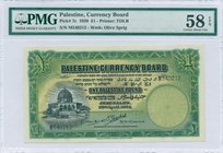 PALESTINE: 1 Pound (20.4.1939) in green and black with Dome of the Rock at left. Inside plastic folder by PMG "Choice About Unc 58 - EPQ". (Pick 7c) &...