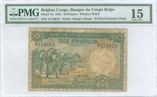 BELGIAN CONGO: 10 Francs (10.12.1941) in green on blue and pink unpt with dancing Watusi at left. WMK: Okapi head. Printed by W&S. Inside plastic fold...