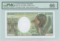 CENTRAL AFRICAN REPUBLIC: 10000 Francs (ND 1983) in brown, green and multicolor with african woman at right and five antelopes heads at left. Serial n...