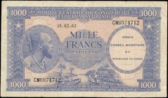 CONGO DEMOCRATIC REPUBLIC: 1000 Francs (15.2.1962) in purple on multicolor unpt with portrait of African man at left. Pressed. (Pick 2a). Fine plus.