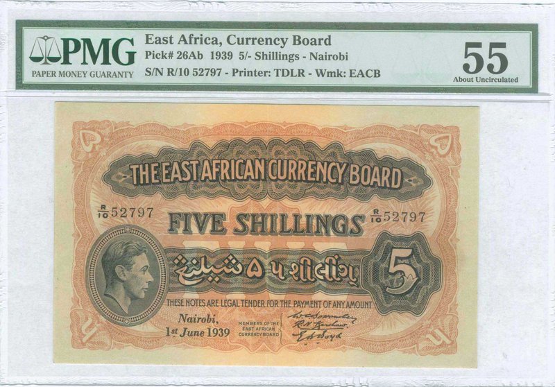 EAST AFRICA: 5 Shillings (1.6.1939) in blue-black on brown unpt with portrait of...