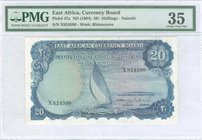 EAST AFRICA: 20 Shillings (ND 1964) in blue on multicolor unpt with sailboat at left center. Inside plastic folder by PMG "Choice Very Fine 35 - Minor...