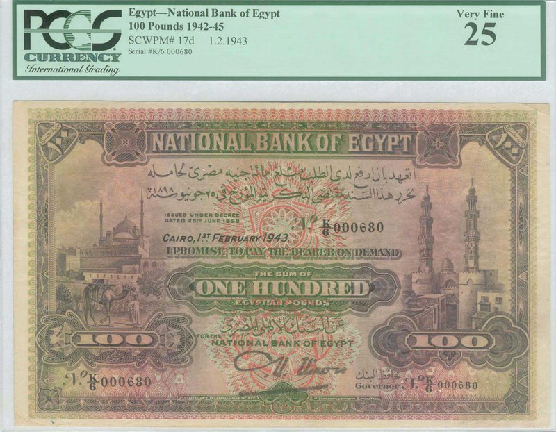 EGYPT: 100 Pounds (1.2.1943) in brown, red and green with Citadel of Cairo at le...
