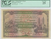 EGYPT: 100 Pounds (1.2.1943) in brown, red and green with Citadel of Cairo at left and Mosque at right. Inside plastic folder by PCGS "Very Fine 25 - ...