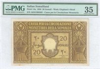 ITALIAN SOMALILAND: 20 Somali (1950) in brown and yellow with Somali star flanked by crescent moons and Somali fireplace. Serial no "A016 088385". WMK...