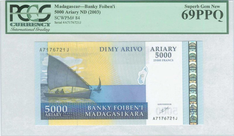 MADAGASCAR: 5000 Ariary (25000 Francs) (ND 2003) in violet, dark blue and yellow...
