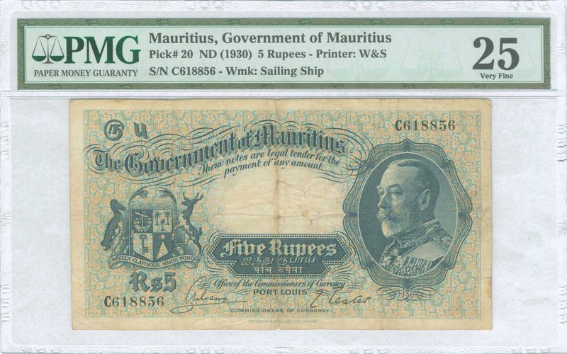 MAURITIUS: 5 Rupees (ND 1930) in blue on multicolor unpt with Arms at left, port...