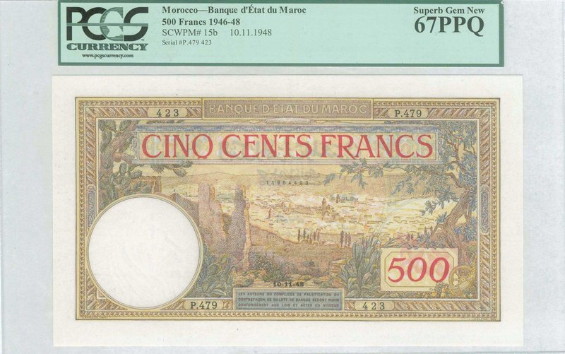 MOROCCO: 500 Francs (10.11.1948) in brown, red and multicolor with view of city ...