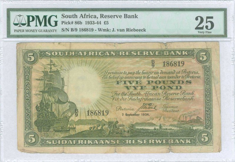 SOUTH AFRICA: 5 Pounds (7.9.1934) in dark brown on pink and pale green unpt. WMK...