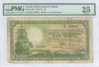 SOUTH AFRICA: 5 Pounds (7.9.1934) in dark brown on pink and pale green unpt. WMK: Sailing ship and portrait of J van Riebeek. Inside plastic folder by...