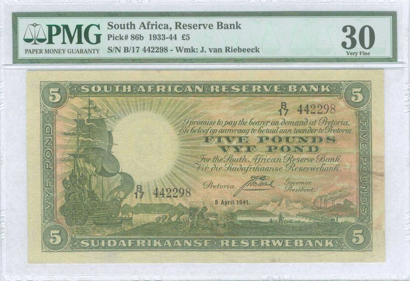 SOUTH AFRICA: 5 Pounds (8.4.1941) in dark brown on pink and pale green unpt. WMK...
