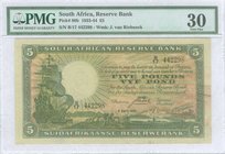 SOUTH AFRICA: 5 Pounds (8.4.1941) in dark brown on pink and pale green unpt. WMK: Sailing ship and portrait of J van Riebeek. Inside plastic folder by...