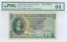 SOUTH AFRICA: Specimen of 1 Pound (1.9.1948) in blue with portrait of Jan van Riebeek at left. Inside plastic folder by PMG "Choice Uncirculated 64". ...