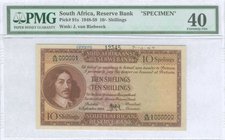 SOUTH AFRICA: Specimen of 10 Shillings (8.9.1950) in brown with portrait of Jan van Riebeek at left. Inside plastic folder by PMG "Extremely Fine 40"....