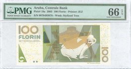 ARUBA: 100 Florin (1.12.2003) in multicolor with frog. Serial no "0878493078". WMK: Divi-divi tree. Printed by JEZ. Inside plastic folder by PMG "Gem ...