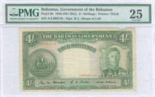 BAHAMAS: 4 Shillings (Law 1936 - ND 1941) in green with ship at left and portrait of King George VI at right. Serial no "A/4 689119". Signature by Wil...
