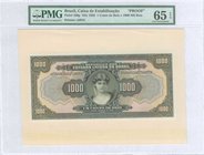 BRAZIL: Proof of face of 1 Conto de Reis(=1000 Mil Reis) (18.12.1926) with woman at center. Printed by ABNC. Uniface. Mounted on cardboard. Inside pla...