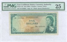 EAST CARIBBEAN STATES: 5 Dollars (ND 1965) in green on multicolor unpt with map of islands at left and portrait of Queen Elizabeth II at right. Serial...