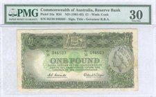 AUSTRALIA: 1 Pound (ND 1961-65) in black on green and yellow unpt with Arms at upper center and Queen Elizabeth II at right. WMK: Capt James Cook. Ins...