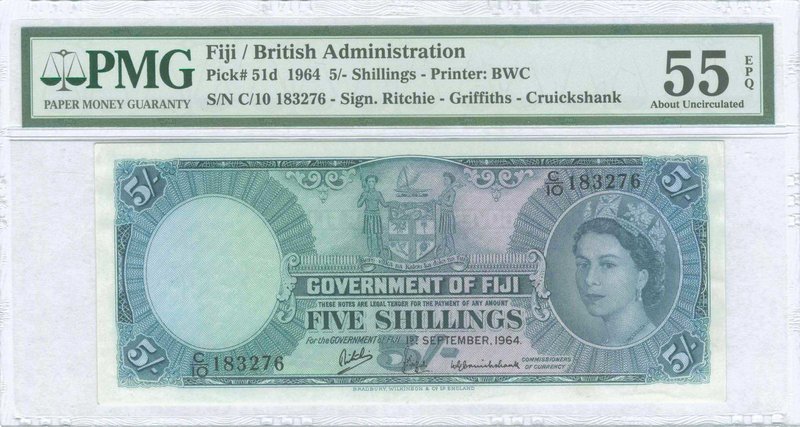 FIJI: 5 Shillings (1.9.1964) in gray-blue on lilac, green and blue unpt with Arm...