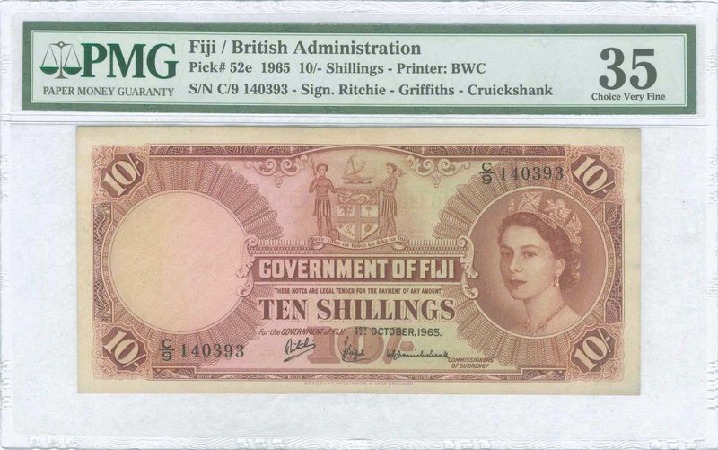 FIJI: 10 Shillings (1.10.1965) in blue on green, pink and yellow unpt with Arms ...