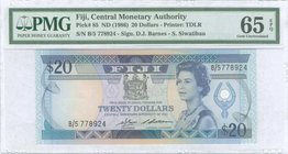 FIJI: 20 Dollars (ND 1986) in blue on multicolor unpt with Queen Elizabeth II at right center, Arms at center and Artifact at right. WMK: Profile Fiji...