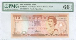 FIJI: 5 Dollars (ND 1992) in orange and violet on multicolor unpt with modified portrait of Queen Elizabeth II at right, Arms at center and artifact a...