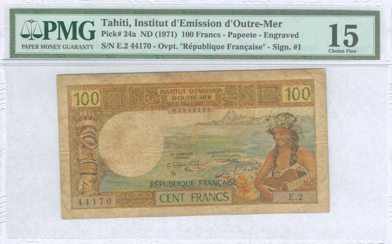 TAHITI: 100 Francs (ND 1971) in multicolor with girl wearing wreath holding guit...