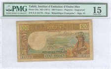 TAHITI: 100 Francs (ND 1971) in multicolor with girl wearing wreath holding guitar at right. Inside plastic folder by PMG "Choice Fine 15". (Pick 24a)...