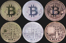 Set of 3 bitcoins of 2013. 1 coin in gold plated copper + 1 in silver plated copper + 1 in copper. Brilliant Uncirculated.