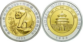 China
Panda Gold 4-Coin and 25 Yuan Bi-Metallic Gold and Silver Proof Set
Year: 1993
Condition: 5-Pieces Proof